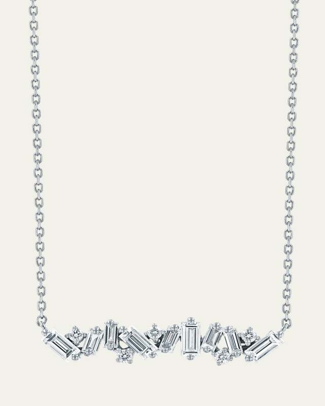 18K White Gold Fireworks Diamond Bar Necklace, 16-18"L